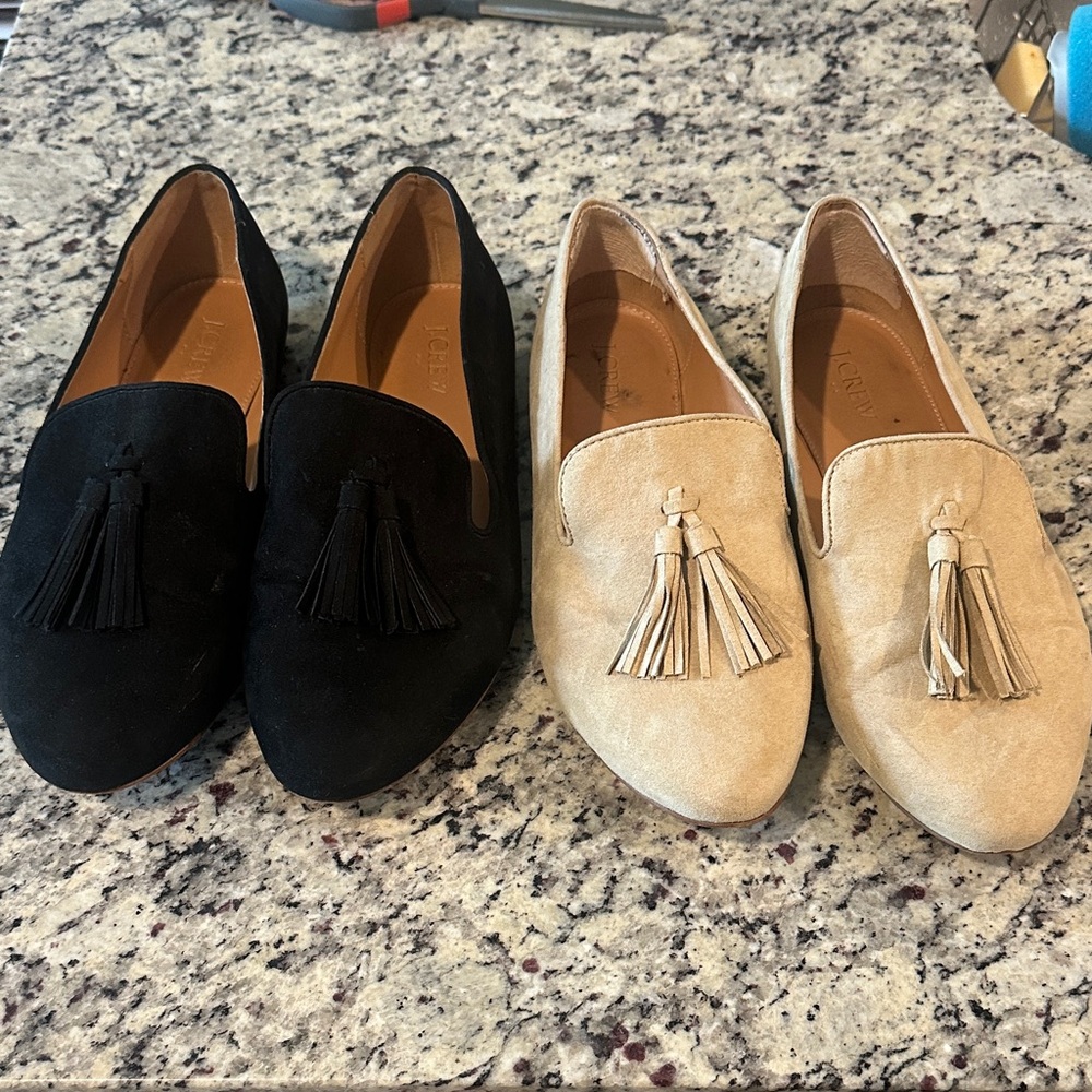 JCREW 10 set of 2 Tassel Suede Loafers in Black and Beige